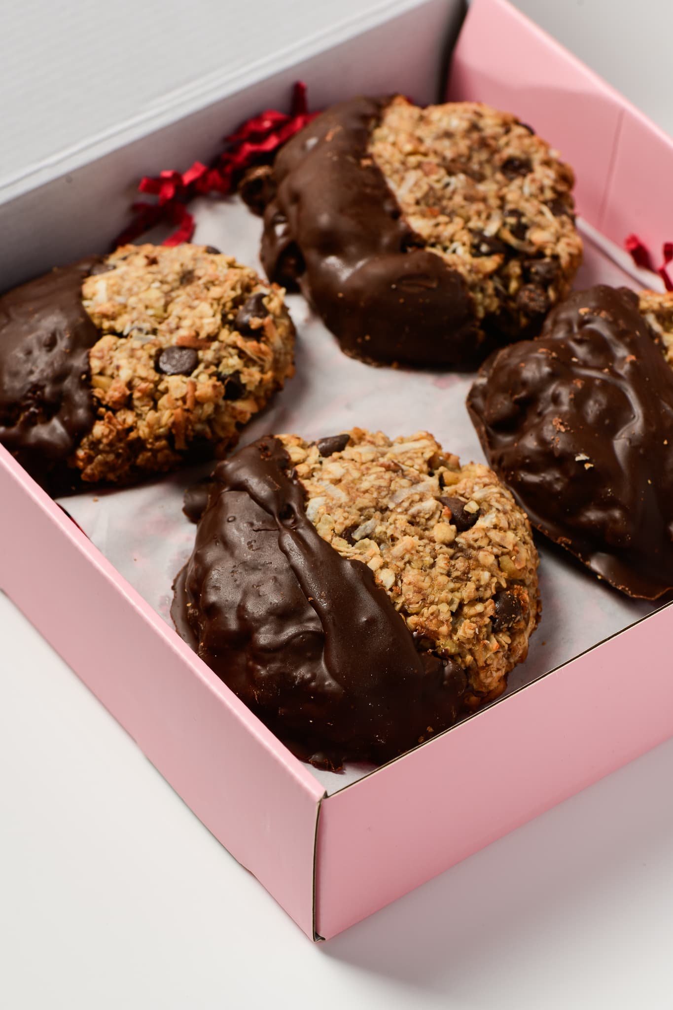 The Disco Drop — chocolate-dipped oat & banana cookies
